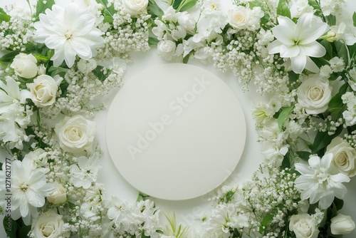 Top down view of an empty podium surrounded by white funeral flowers in a serene setting.