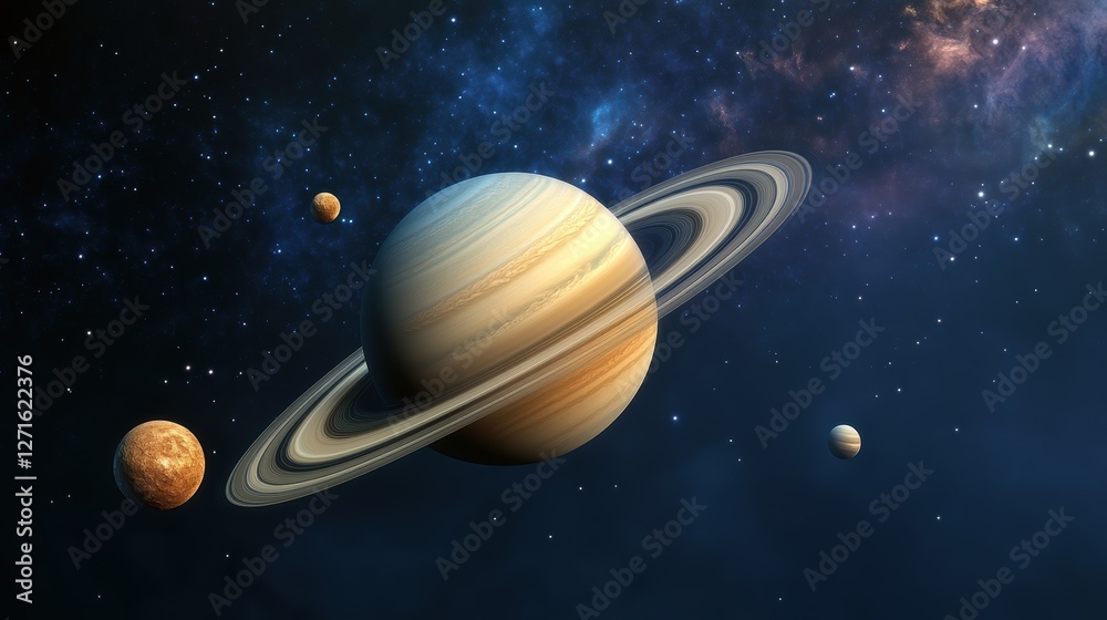 Naklejka premium Saturn and Its Moons in Stunning Space Scene with Colorful Nebula Background, Astronomy Illustration for Science and Educational Purposes