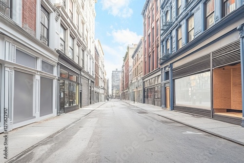 A serene urban street nestled in a tranquil section of the city showcases a blend of modern and historic architecture, with shops closed amidst the bright daylight