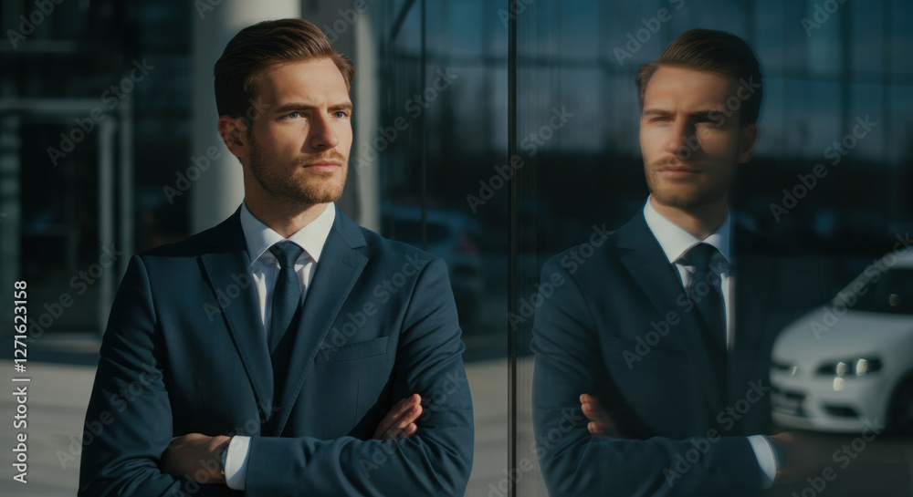 Confident businessman in a suit standing by a glass building reflecting his image Confident businessman in a suit standing by a glass building reflecting his image
