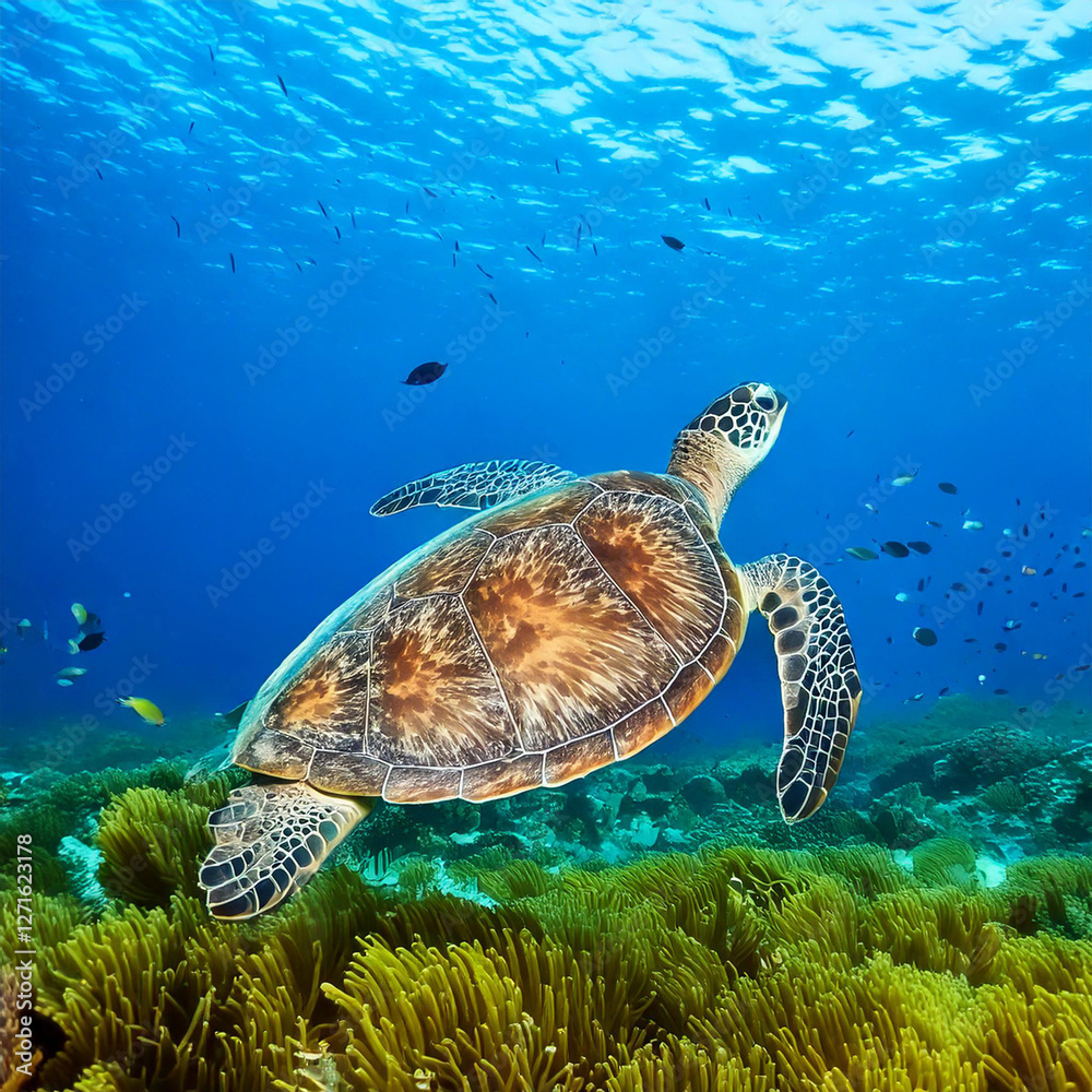 Obraz premium Sea Turtle swimming in clear ocean.