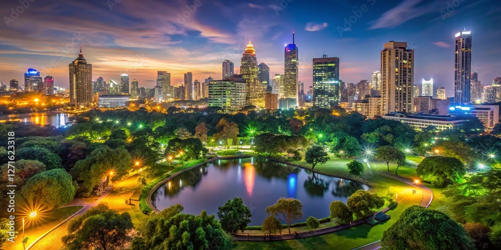 Obraz premium Bangkok Night Skyline & Lumpini Park Panorama - Wide Angle High-Resolution Stock Photo