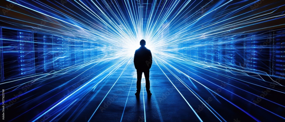 Silhouette of a person standing in glowing blue light beams, symbolizing technology and digital innovation in a futuristic environment Silhouette of a person standing in glowing blue light beams, symbolizing technology and digital innovation in a futuristic environment