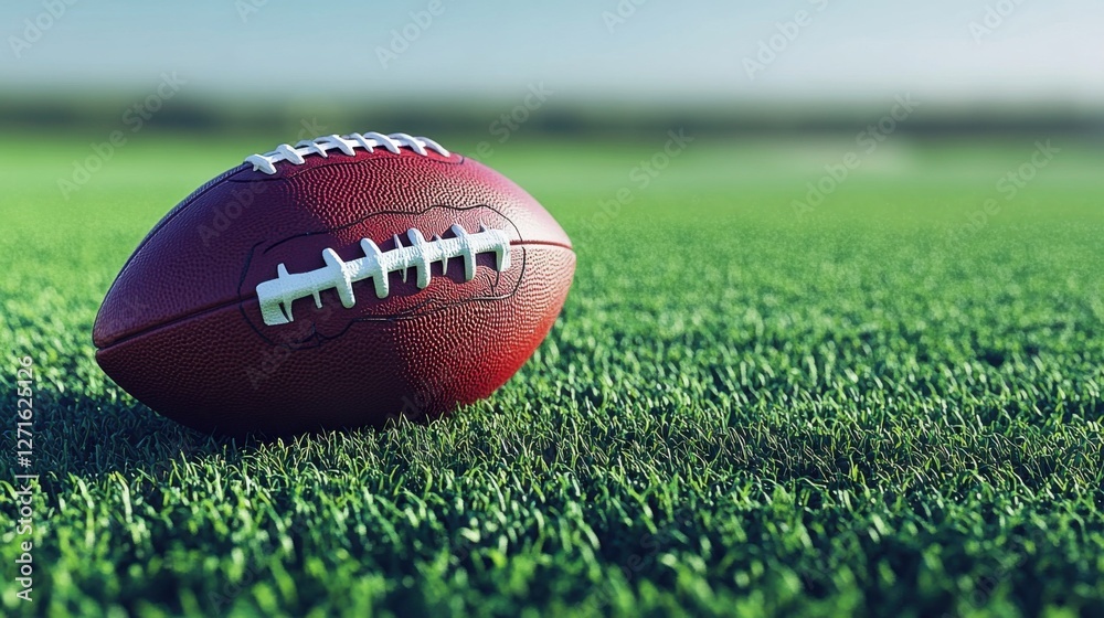 A close-up of a football resting on green grass under a clear blue sky. A close-up of a football resting on green grass under a clear blue sky.