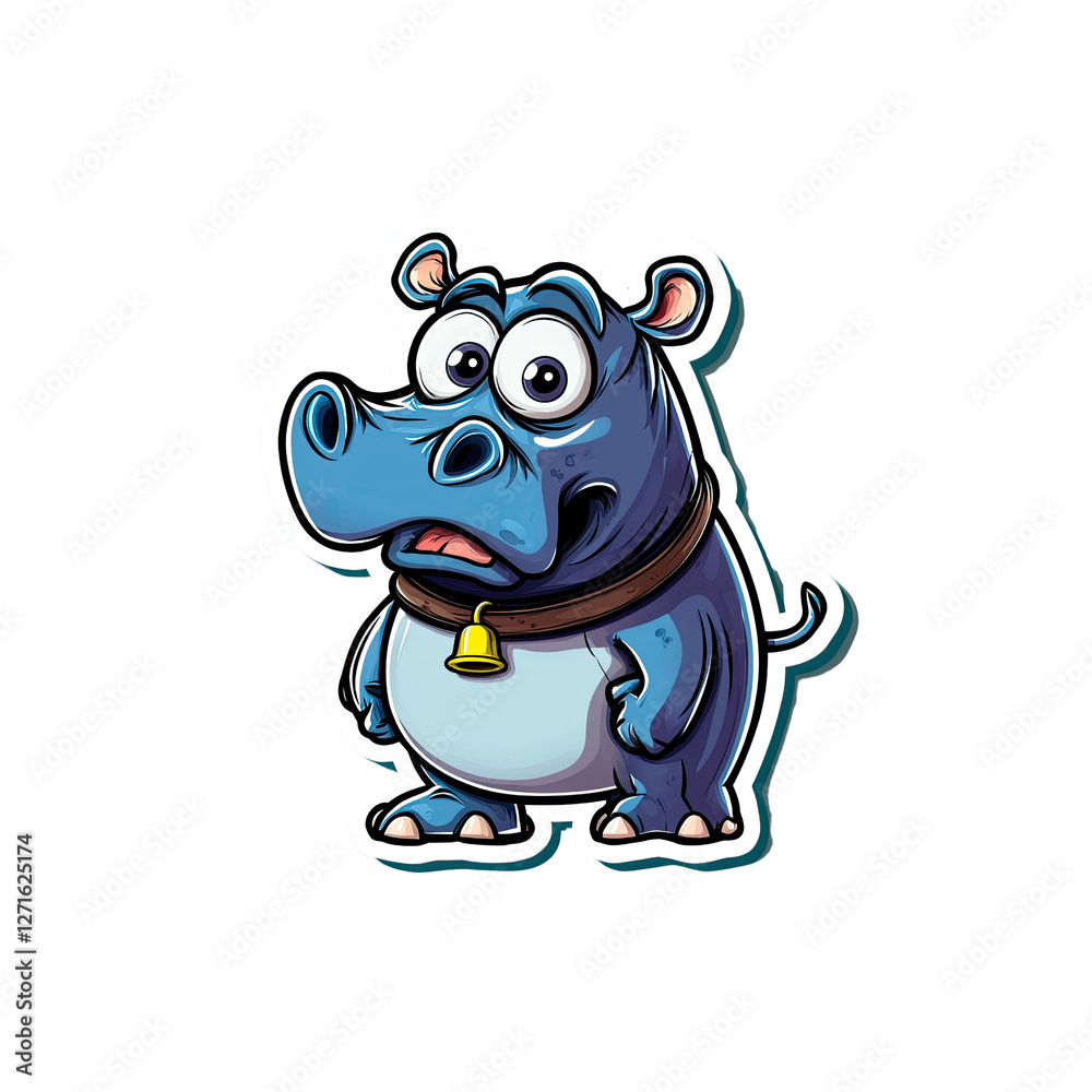 Adorable Cartoon Hippopotamus with Bell Collar - Sticker Design Adorable Cartoon Hippopotamus with Bell Collar - Sticker Design