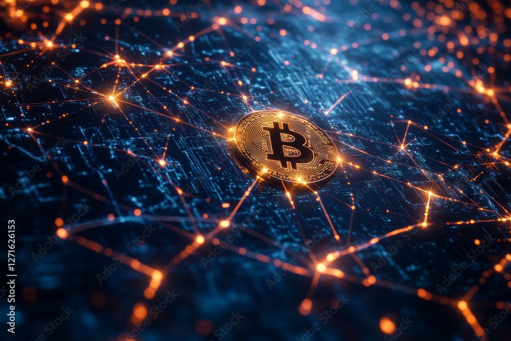 Bitcoin Coin Surrounded by Digital Connections and Network Nodes