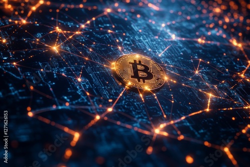 Obraz na płótnie Bitcoin Coin Surrounded by Digital Connections and Network Nodes w salonie