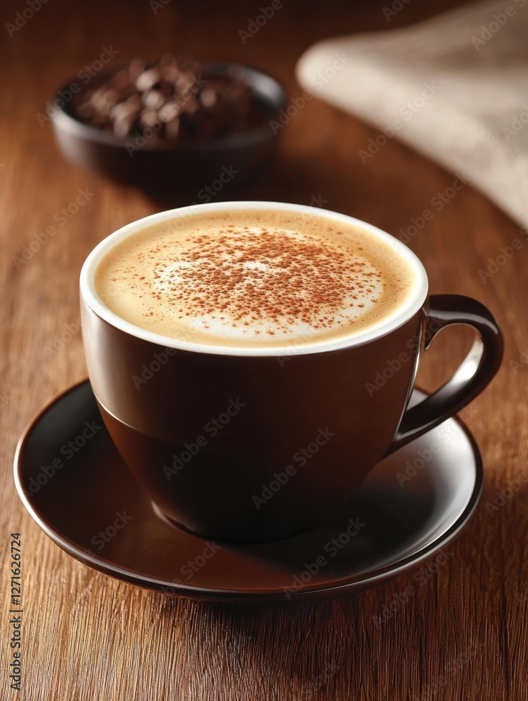 A warm cup of coffee sits on a wooden table, topped with a sprinkle of cocoa, accompanied by a bowl of coffee beans. A warm cup of coffee sits on a wooden table, topped with a sprinkle of cocoa, accompanied by a bowl of coffee beans.