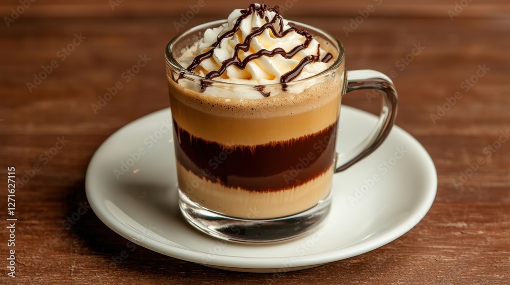 A delicious layered coffee drink topped with whipped cream and chocolate drizzle, served in a clear glass on a white plate. A delicious layered coffee drink topped with whipped cream and chocolate drizzle, served in a clear glass on a white plate.