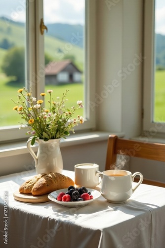 Wallpaper Mural Serene morning breakfast with pastries, fresh berries, and warm beverage near sunlit window Torontodigital.ca