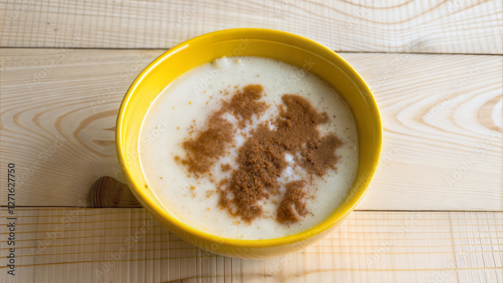 Bowl of creamy oatmeal topped with cinnamon on a rustic wooden table Bowl of creamy oatmeal topped with cinnamon on a rustic wooden table