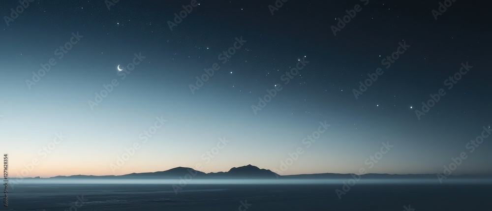 Fototapeta premium Stunning night sky over tranquil islands with stars and mountains at dusk, perfect for nature lovers and landscape photography enthusiasts.
