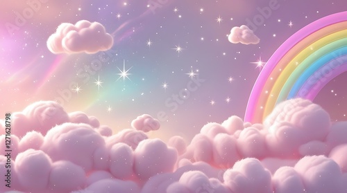 Whimsical Rainbow with Sparkling Clouds, A vibrant rainbow arching over fluffy clouds, perfect for enchanting backgrounds or design projects.