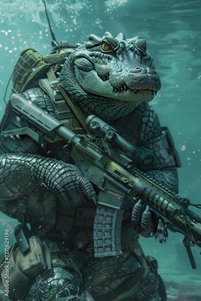 Fototapeta premium A fierce, armored crocodile soldier wields a gun underwater, blending military aesthetics with a reptilian warrior theme.