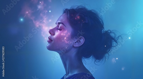 Woman  with her eyes closed Exhaling Sparkling Stardust in a Dreamlike Blue Light