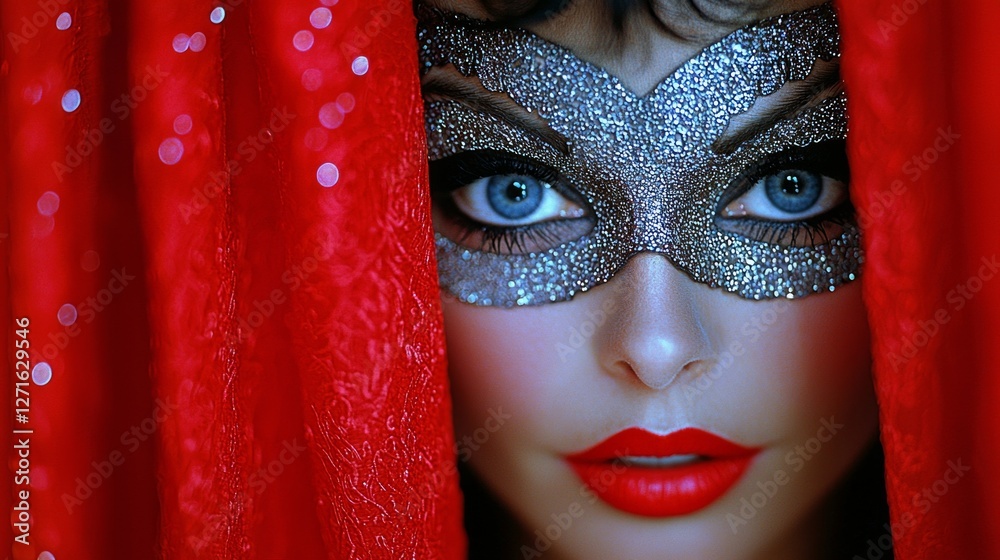 actor adorned Venetian mask peers through heavy red curtains creating atmosphere of secrecy and anticipation. actor adorned Venetian mask peers through heavy red curtains creating atmosphere of secrecy and anticipation.