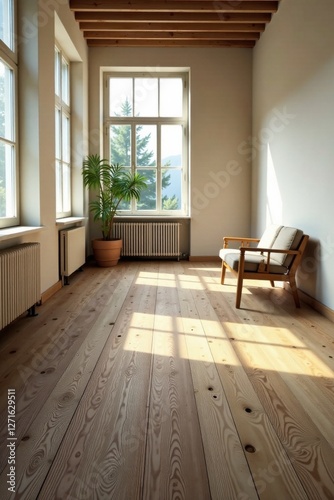 Wallpaper Mural Sunlight Illuminates a Serene Room with Wooden Floors and a Simple Wooden Chair Torontodigital.ca