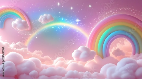Whimsical Rainbow with Sparkling Clouds, A vibrant rainbow arching over fluffy clouds, perfect for enchanting backgrounds or design projects.