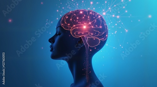 Illuminated Mind Female Silhouette with Glowing Brain and Neural Network