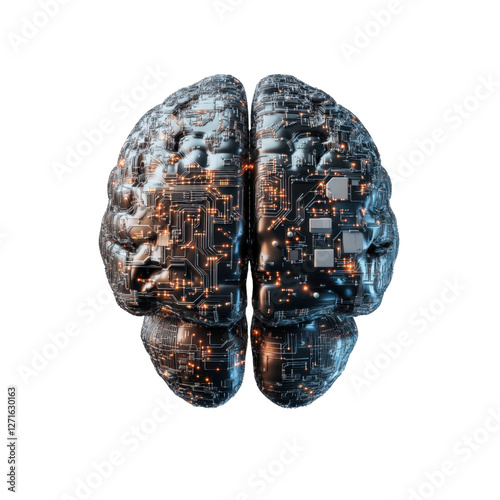 High-tech model of artificial intelligence brain with complex wiring and circuitry, isolated on transparent background, png photo