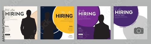 Join our team banners. We are hiring communication poster, help wanted advertising banner with speaker and vacant badge. Hr recruiting hire, vacancy job offer isolated vector signs set