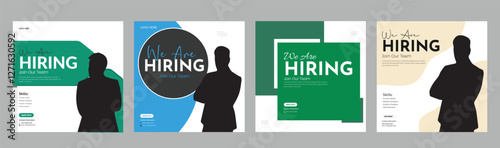 Join our team banners. We are hiring communication poster, help wanted advertising banner with speaker and vacant badge. Hr recruiting hire, vacancy job offer isolated vector signs set