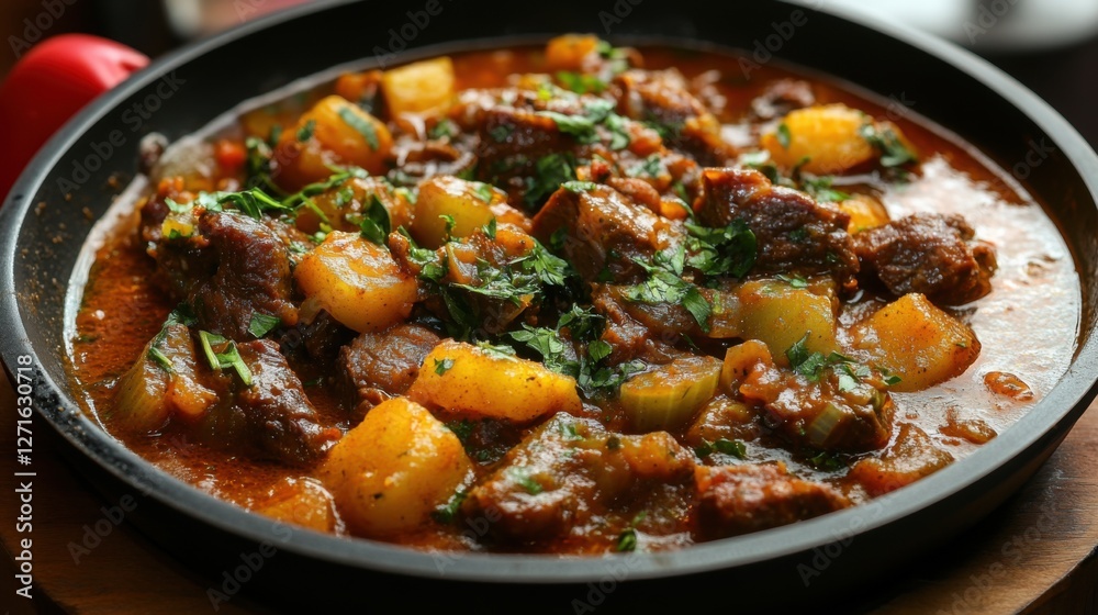 Delicious beef stew with fresh herbs and vegetables served in a rustic bowl. Delicious beef stew with fresh herbs and vegetables served in a rustic bowl.