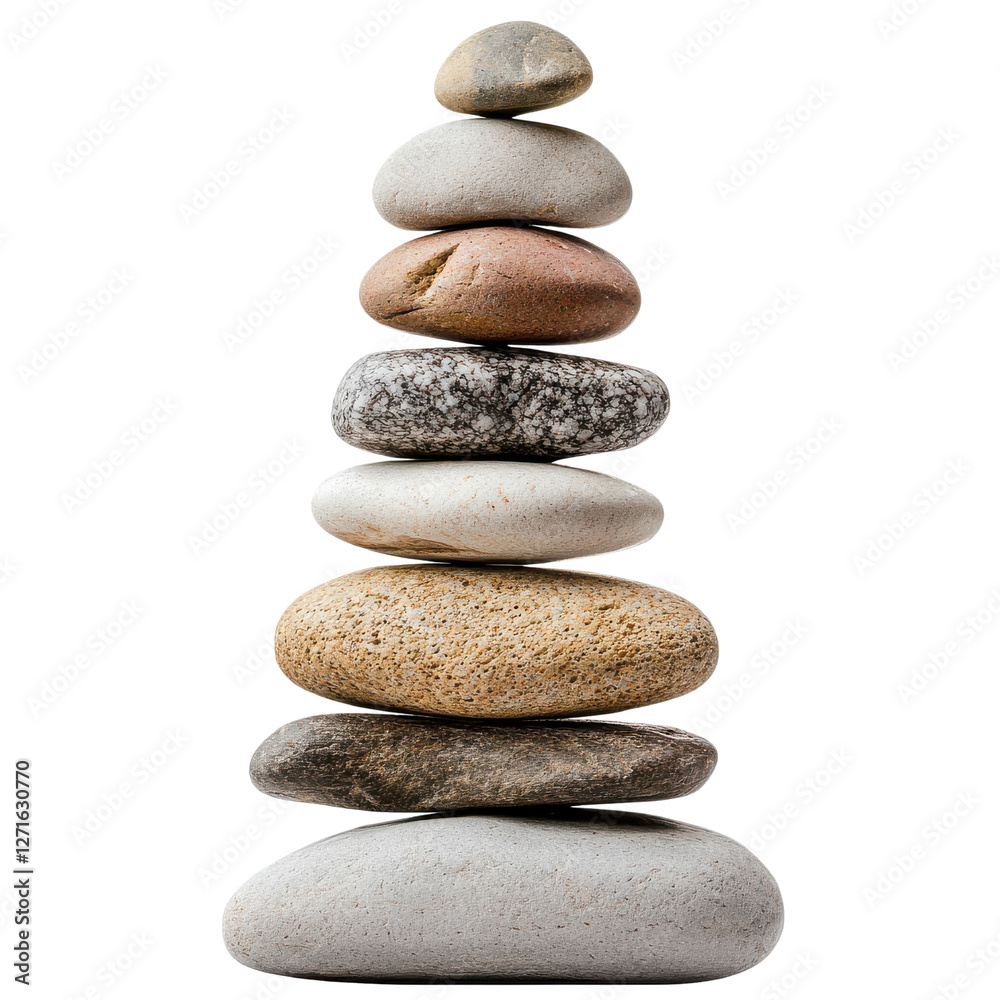 Balanced Stone Tower with Varying Shapes and Colors on White Background, Symbolizing Harmony, Stability, and Nature Beauty in a Serene Setting Balanced Stone Tower with Varying Shapes and Colors on White Background, Symbolizing Harmony, Stability, and Nature Beauty in a Serene Setting
