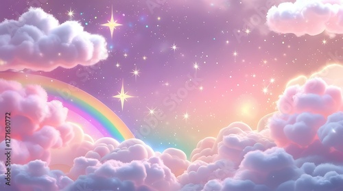 Whimsical Rainbow with Sparkling Clouds, A vibrant rainbow arching over fluffy clouds, perfect for enchanting backgrounds or design projects.
