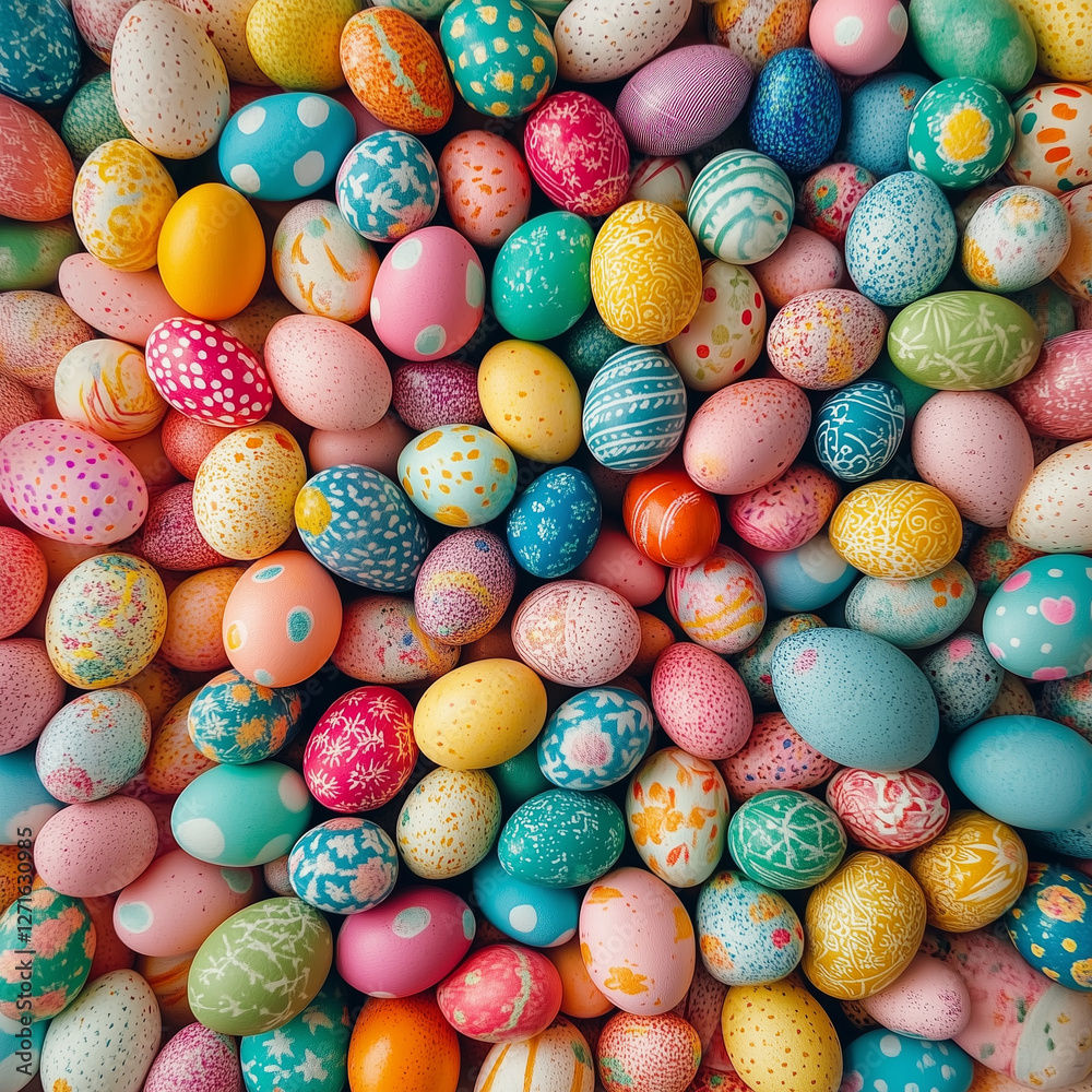 Top view of a profusion of colorful Easter eggs. A perfect illustration of Easter