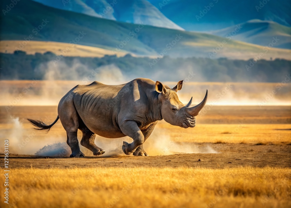 Fototapeta premium Black Rhinoceros Running Across Dusty Savannah, Ngorongoro Crater, Tanzania