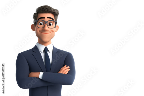 Smiling businessman cartoon character crossing his arms, conveying confidence and professionalism on white background