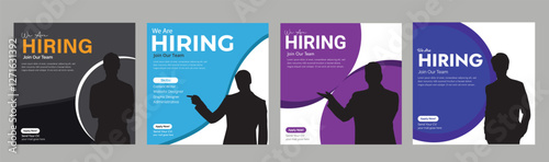 Join our team banners. We are hiring communication poster, help wanted advertising banner with speaker and vacant badge. Hr recruiting hire, vacancy job offer isolated vector signs set
