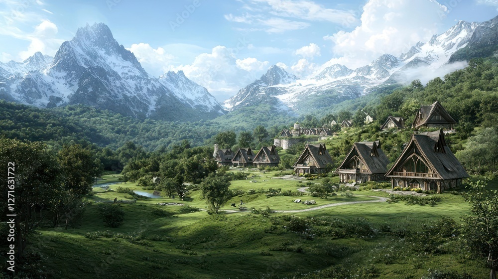 Serene Village nestled in a Snow-capped Mountain Valley Serene Village nestled in a Snow-capped Mountain Valley