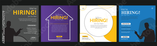 Join our team banners. We are hiring communication poster, help wanted advertising banner with speaker and vacant badge. Hr recruiting hire, vacancy job offer isolated vector signs set