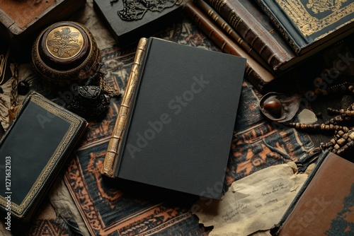 Mystical Black Book Mockup  Antique Gold Accents, Vintage Textures, Spellbinding Atmosphere.