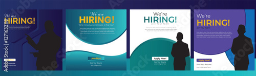 Join our team banners. We are hiring communication poster, help wanted advertising banner with speaker and vacant badge. Hr recruiting hire, vacancy job offer isolated vector signs set