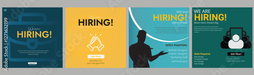 Join our team banners. We are hiring communication poster, help wanted advertising banner with speaker and vacant badge. Hr recruiting hire, vacancy job offer isolated vector signs set