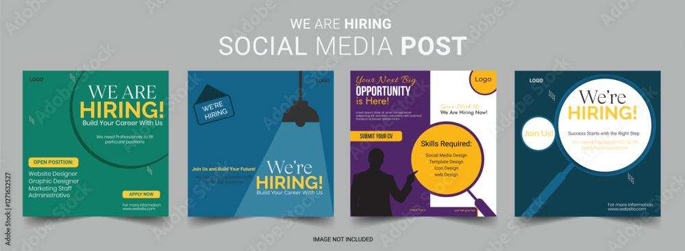 Naklejka premium Join our team banners. We are hiring communication poster, help wanted advertising banner with speaker and vacant badge. Hr recruiting hire, vacancy job offer isolated vector signs set