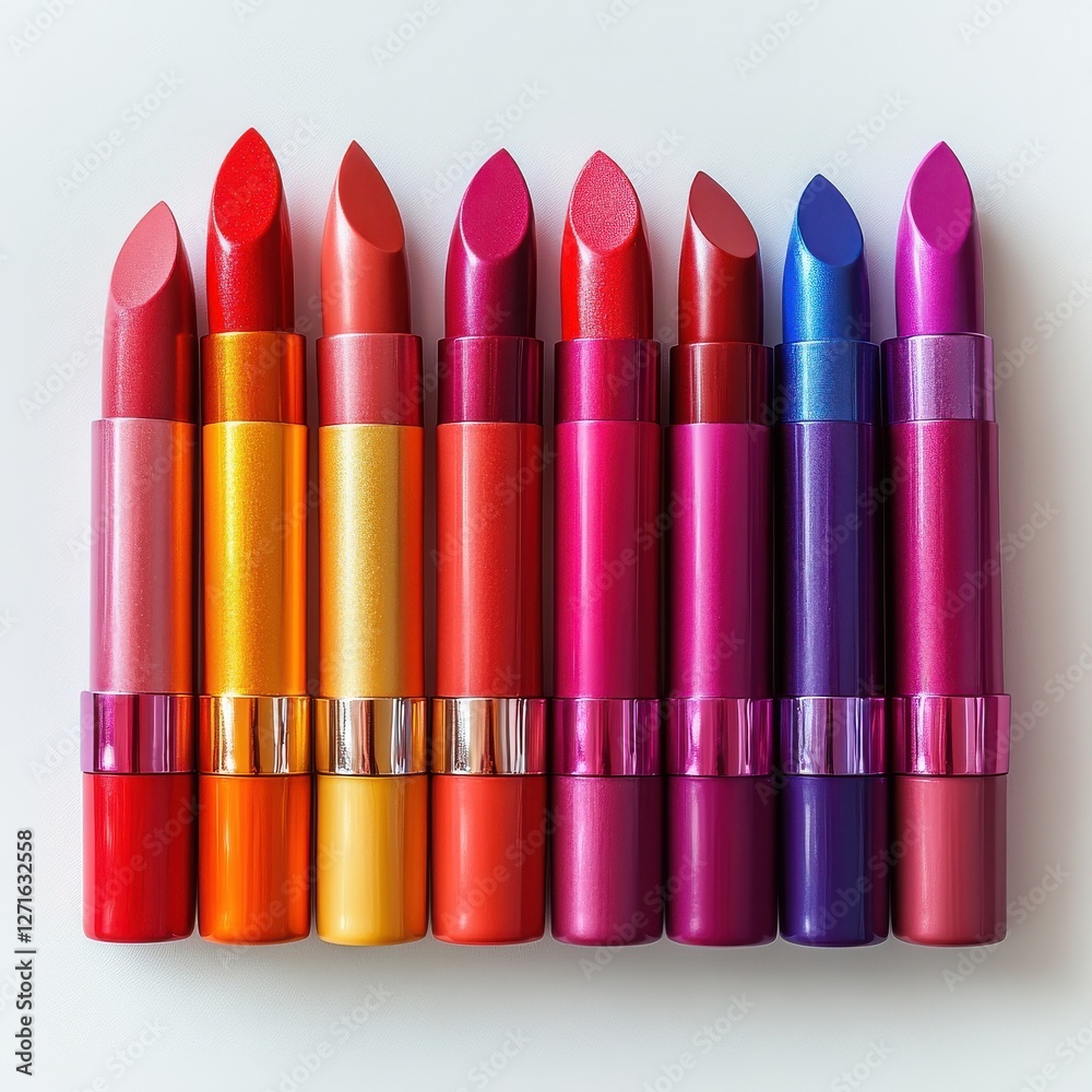Colorful array of lipsticks displayed in a neat row on a white background showcasing vibrant shades and textures Colorful array of lipsticks displayed in a neat row on a white background showcasing vibrant shades and textures