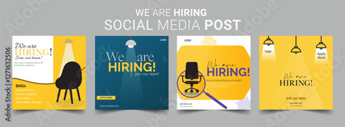 Join our team banners. We are hiring communication poster, help wanted advertising banner with speaker and vacant badge. Hr recruiting hire, vacancy job offer isolated vector signs set