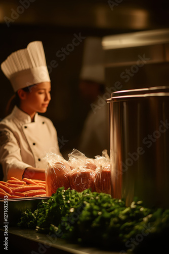 Explore the Art of Culinary Skills: A Chef in Action Preparing Fresh Ingredients Like Carrots and Herbs in a Professional Kitchen Setting photo