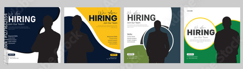 Join our team banners. We are hiring communication poster, help wanted advertising banner with speaker and vacant badge. Hr recruiting hire, vacancy job offer isolated vector signs set