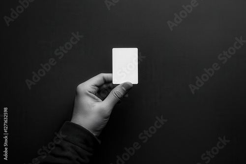 Hand holding a blank card against a dark background in minimalist style