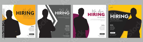 Join our team banners. We are hiring communication poster, help wanted advertising banner with speaker and vacant badge. Hr recruiting hire, vacancy job offer isolated vector signs set