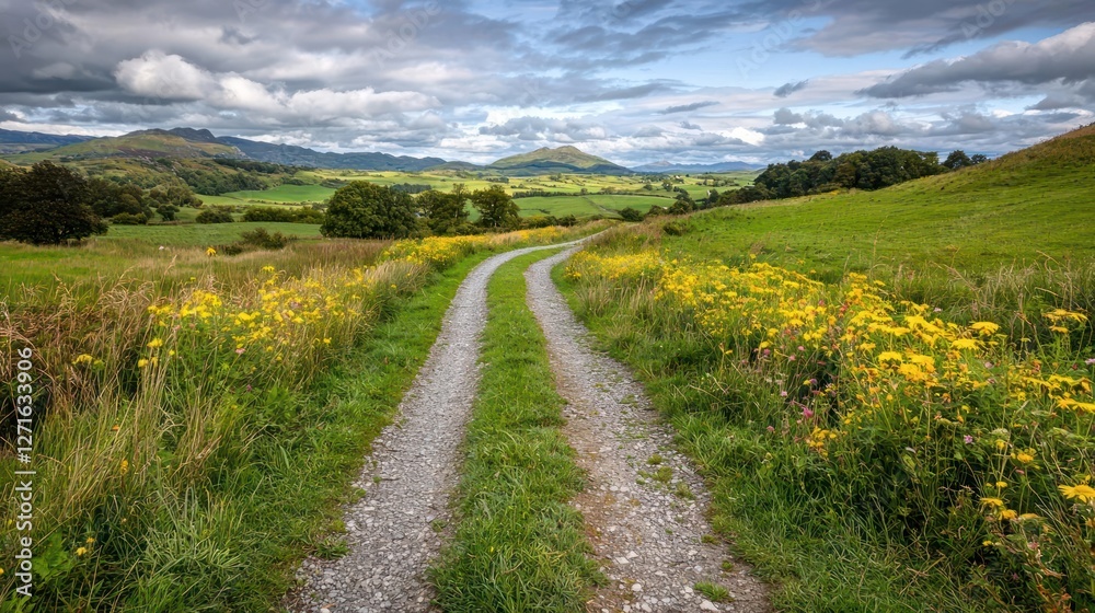 Fototapeta premium Gravel Road Winding Through a Sunny Green Field and Rolling Hills