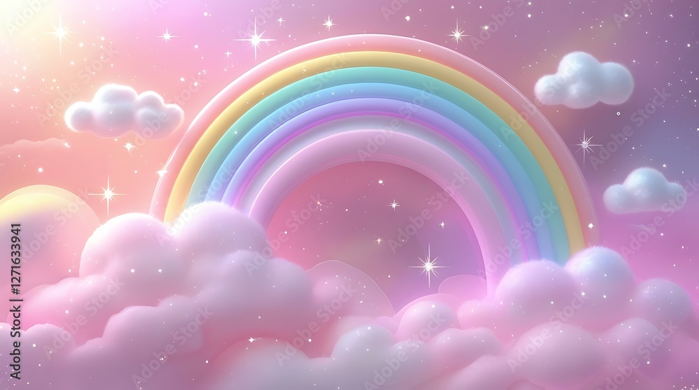 Whimsical Rainbow with Sparkling Clouds, A vibrant rainbow arching over fluffy clouds, perfect for enchanting backgrounds or design projects. Whimsical Rainbow with Sparkling Clouds, A vibrant rainbow arching over fluffy clouds, perfect for enchanting backgrounds or design projects.