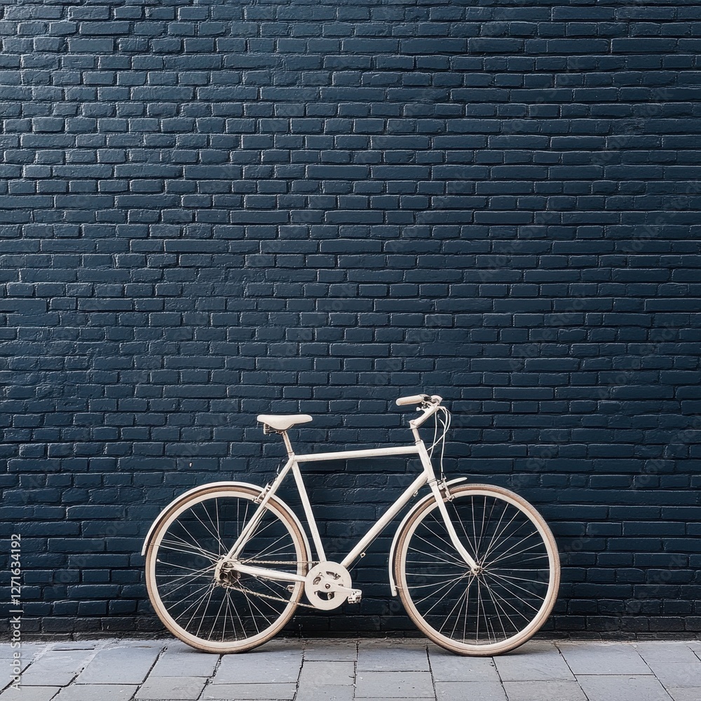 Urban Cycling Scene A White Bicycle Leaning Against a Black Brick Wall in an Outdoor Setting Urban Cycling Scene A White Bicycle Leaning Against a Black Brick Wall in an Outdoor Setting