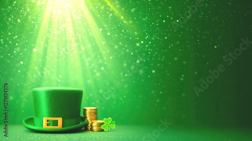 A green top hat with a gold buckle and a four-leaf clover on St. Patrick's Day  March 17 background Celebrate photo