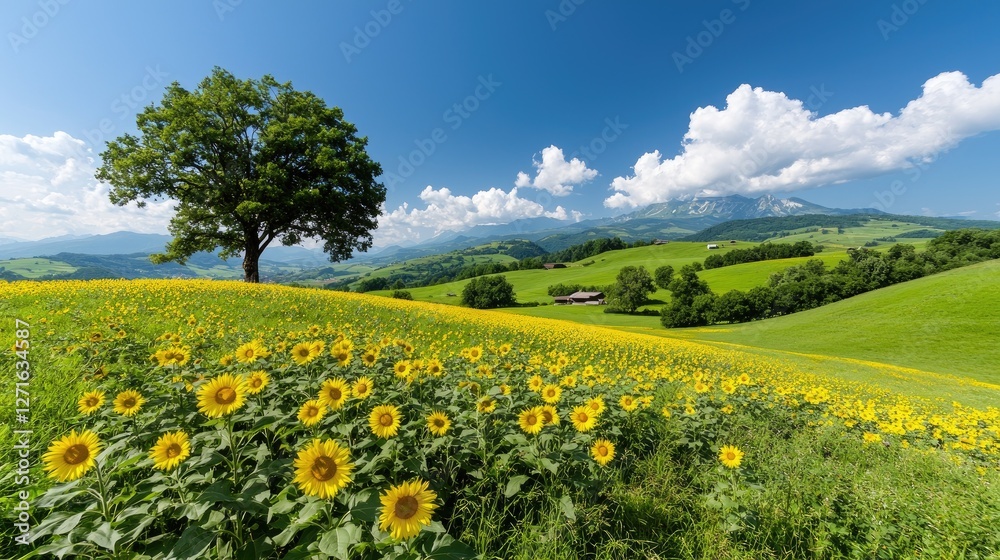 Sunny Sunflower Field with Tree and Mountains, Scenic Countryside, Nature Landscape, Ideal for Backgrounds Sunny Sunflower Field with Tree and Mountains, Scenic Countryside, Nature Landscape, Ideal for Backgrounds